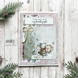 Blush and sage holiday card with the mouse carrying an armful of handmade cards past a frosted pine, tied with a gold bow, topped by the sentiment 'A little note for one of my favorite people.'
