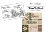 At Home Bundle Pack graphic: the Where Christmas Lives stamp sheet with a snowy cottage and four Christmas sentiments, beside The Christmas We Remember paper pack in green, cranberry and parchment.