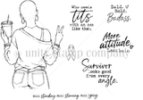 Survivor From Every Angle red rubber stamp set from Unity Stamp Co - a confident bald woman seen from behind flashing a peace sign and holding an iced coffee, with an awareness ribbon and sassy survivor sentiments including "Bald. Bold. Badass." and "Survivor looks good from every angle."