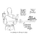 Survivor From Every Angle red rubber stamp set from Unity Stamp Co - a confident bald woman seen from behind flashing a peace sign and holding an iced coffee, with an awareness ribbon and sassy survivor sentiments including "Bald. Bold. Badass." and "Survivor looks good from every angle."