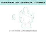 Digital cut file preview for Survivor From Every Angle: teal dashed SVG cut outlines around a standing woman figure and a small awareness ribbon, for electronic die cut machines (stamps sold separately).