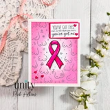 Big Love. Tough Titties. red rubber stamp card from Unity Stamp Co: a hot pink ink-blended doodled breast background with a magenta awareness ribbon and "You've got this. And on the days you don't, you've got me." on a pink tag with red heart gems.
