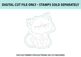 Pissed on Your Behalf digital SVG cut file from Unity Stamp Co: a teal dashed cut outline around the grumpy cat in a ribbon tee, for Cricut, Silhouette and ScanNCut machines. Stamps sold separately.