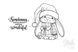 Somebunny Thinks red rubber stamp set from Unity Stamp Co - a fluffy lop-eared bunny in a Santa hat and a striped scarf holding a wrapped gift with a small chick standing at its feet, with the sentiment "Somebunny thinks you deserve something Wonderful"