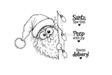 Beak-a-Boo, It's Christmas red rubber stamp set from Unity Stamp Co - a round fuzzy chick in an oversized Santa hat peeking out from behind a wooden post strung with old-fashioned Christmas light bulbs, with the sentiments "Santa saw that", "Peep with joy" and "Special delivery!"