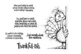 Pass the Turkey, Hold the Drama red rubber stamp set from Unity Stamp Co - a frazzled, wide-eyed turkey peeking around a door frame, with the sentiments "May your turkey be moist and your family's political opinions be kept entirely to themselves.", "...but enough about the relatives.", "I'm just here to watch everyone stress over a bird while pretending we aren't all judging each other's life choices.", "It wouldn't be the holidays without a turkey, a fruitcake and mixed nuts." and "Thankful-ish."