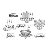Celebrations of Light red rubber stamp set from Unity Stamp Co - a Hanukkah menorah with nine candles, a Kwanzaa kinara with seven candles, a Diwali diya oil lamp on lotus petals and a Yule log with three candles, pine sprigs and a pinecone, with the greetings "Happy Hanukkah", "Happy Kwanzaa", "Happy Diwali" and "Blessed Solstice"