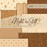 A Night So Still 6 x 6 paper pack cover: gold stars on cream, torn brown parchment, beige stripes, brown gingham, a brown woven texture, cream stars on chocolate brown, and small brown florals on beige.