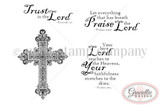 Stamp sheet for Praise the Lord: an ornate filigree cross with the sentiments 'Trust in the Lord', 'Let everything that has breath Praise the Lord' and 'Your love Lord reaches to the Heavens, Your faithfulness stretches to the skies'.