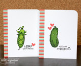 Two white cards with coral and mint striped edges: the green pea pod with smiling peas and a heart beside 'oh SNAP you're not old' with 'not' struck out, next to a pickle card.