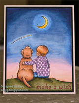 Card with the boy and dog on a hilltop against a watercolor sunset sky with a yellow crescent moon and shooting star, 'make a wish' lettered at the lower right.