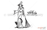 Line-art stamp of the AngieGirl witch with a black cat and 'you say Witch like it's a bad thing'.