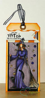 AngieGirl witch on a tag with purple and gold gem accents.