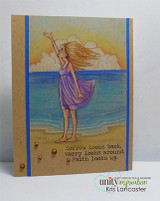 The girl in a purple dress on a sunset beach, on a kraft card, with "Sorrow looks back. Worry looks around. Faith looks up."