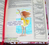 The girl in a yellow dress in a Bible-journaling spread over a "Prayer" page, with "Sorrow looks back. Worry looks around. Faith looks up."