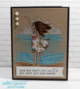 The girl in a floral dress on a beach, layered on a kraft frame, with "Live for the moments you cannot put into words."