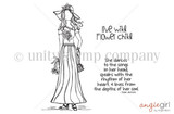 Stamp sheet for Whitney Girl: a line drawn girl in a wide brimmed hat and long skirt holding flowers, with the sentiments 'live wild Flower child' and the verse 'She dances to the songs in her head, speaks with the rhythm of her heart, & loves from the depths of her soul'.