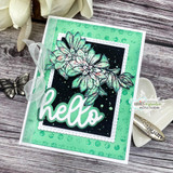 Mint card with white 'hello' lettering over the distressed-dot background and a flower.