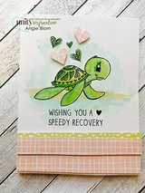 Card with the turtle and pink hearts on white, 'Wishing you a speedy recovery.'