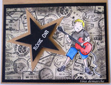Sample card: the blond boy with a red guitar over a postmark-stamped background, beside a large black star reading 'ROCK ON!'