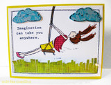 Bright yellow bordered card with a green city skyline, blue puffy clouds and the colored girl swinging above, Imagination can take you anywhere. stamped at the left.