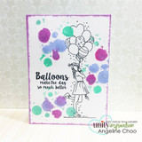 The balloon girl stamped in black over a splashy purple watercolor background with a purple border.