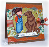 Floral and orange card with Emma in blue overalls beside a brown dog on a green circle, a gingham bow and a sentiment banner