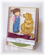 Striped card with Emma in overalls and a golden dog, a burgundy ribbon and a scripture strip
