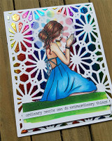 Card with the praying girl in a blue gown over a bright floral die-cut, 'ordinary people can do extraordinary things.'