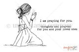Black-and-white Cecelia Girl stamp set by Angie Blom: a kneeling praying girl with 'I am praying for you' and 'thoughts and prayers for you and your loved ones.'
