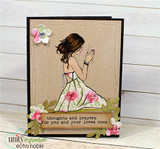 Kraft card with Angie Blom's kneeling praying girl and florals, 'thoughts and prayers for you and your loved ones.'