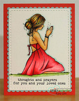 Red-matted card with the praying girl in a red dress, 'thoughts and prayers for you and your loved ones.'