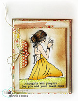 Warm vintage card with the praying girl in a yellow gown, 'thoughts and prayers for you and your loved ones.'