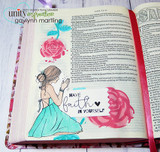 Bible-journaling page with the praying girl and a rose, 'have faith in yourself.'