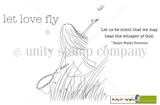 Let Love Fly stamp sheet: a girl seen from behind with windblown hair and a dress, holding a butterfly net in tall grass and reaching toward little butterflies, with 'let love fly' and 'Let us be silent that we may hear the whisper of God. ~Ralph Waldo Emerson' sentiments