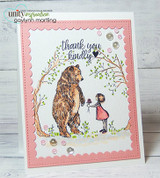 The bear-and-girl scene inside a pink scalloped frame with scattered sequins, captioned 'thank you kindly.'
