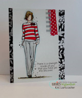 The tall girl colored in a red-striped top on a white-and-black patterned card with 'There is a strength inside of you that you have yet to discover.'