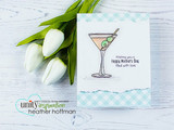 Small white card with a stamped martini glass on blue gingham paper beside white tulips, sentiment 'Wishing you a Happy Mother's Day filled with love'