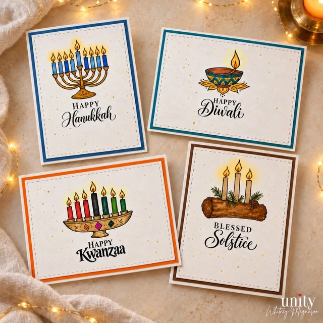 Four handmade holiday cards for Hanukkah, Diwali, Kwanzaa and the solstice made with the Celebrations of Light stamp set