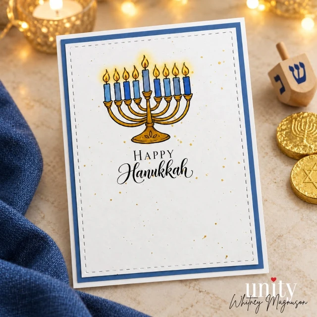 Handmade Hanukkah card with a blue and gold menorah made with the Celebrations of Light stamp set