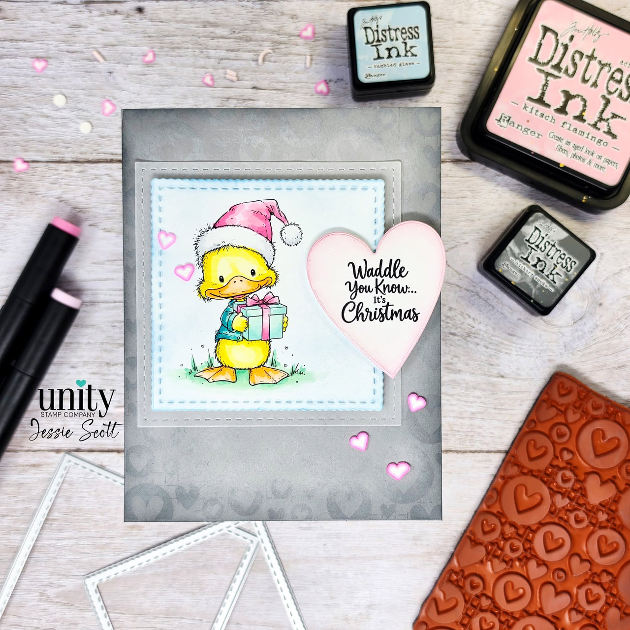 Card made with the Waddle You Know…It's Christmas red rubber stamp set from Unity Stamp Co, sample 1