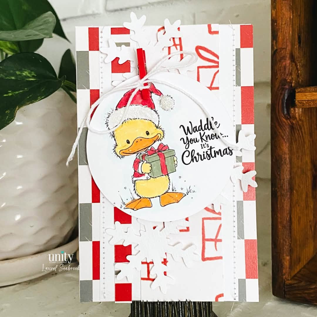 Card made with the Waddle You Know…It's Christmas red rubber stamp set from Unity Stamp Co, sample 2
