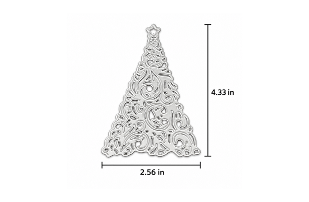 Christmas in Flourish die: a tall triangular Christmas tree made of swirling filigree flourishes with a star on top, about 4.33 by 2.56 inches.