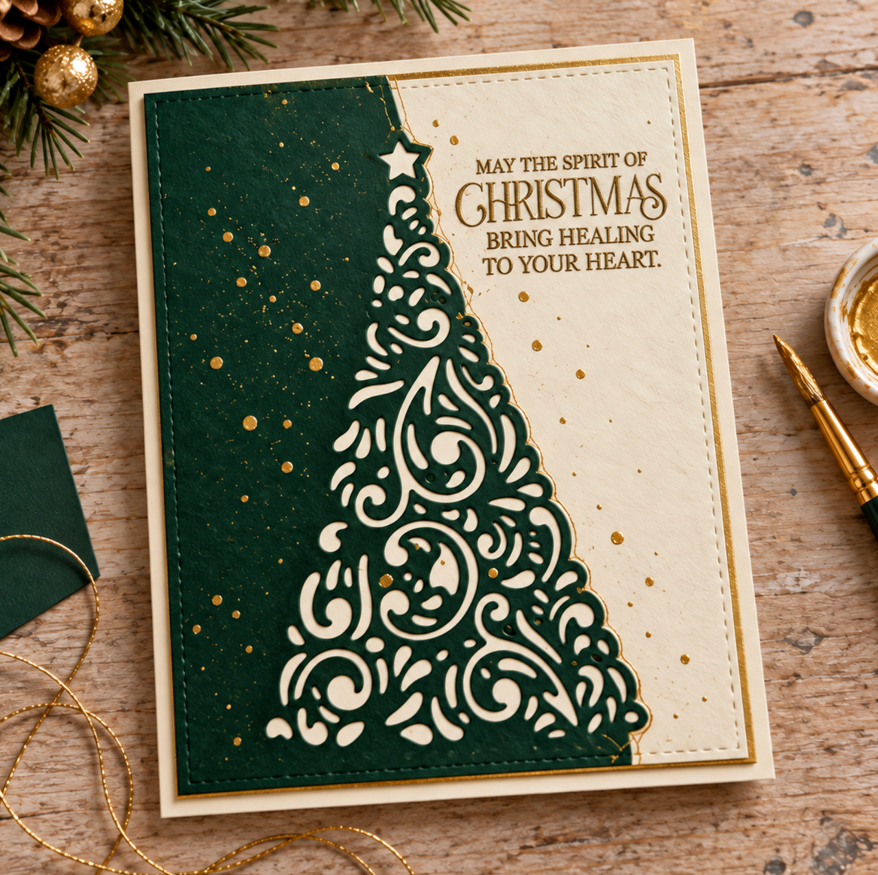Card with the filigree Christmas tree die cut from deep green cardstock along the left edge of a cream panel with gold splatter, beside a gold Christmas sentiment.