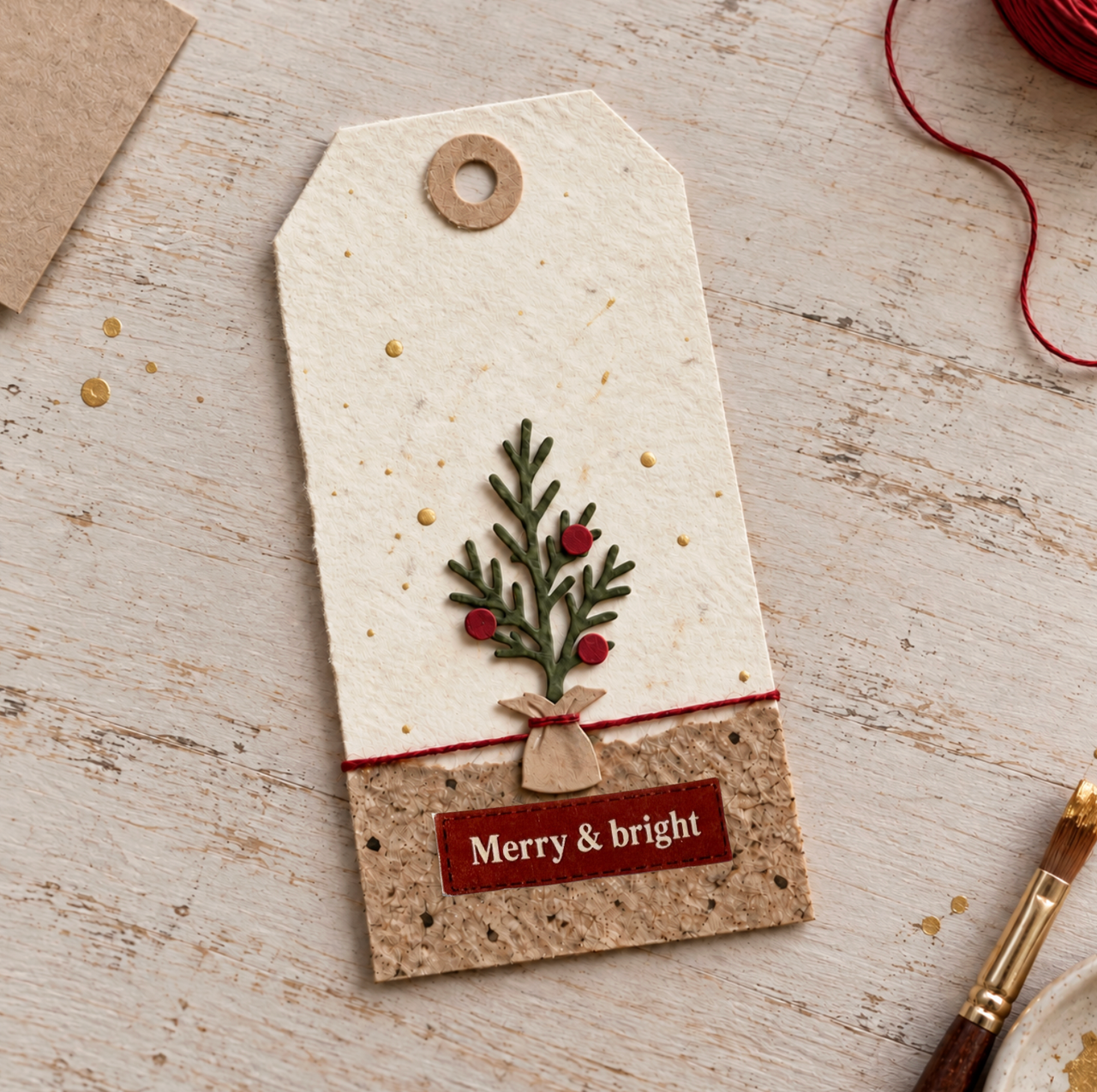 Cream and kraft gift tag with a die cut green evergreen sprig in a little wrapped sack, hung with red berry ornaments, above a red Christmas label.