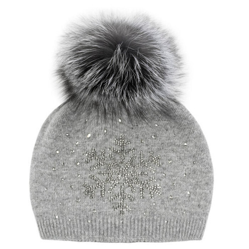 Mitchies Furs Mitchies Womens Snowflake Sparkle Beanie Fox Pom