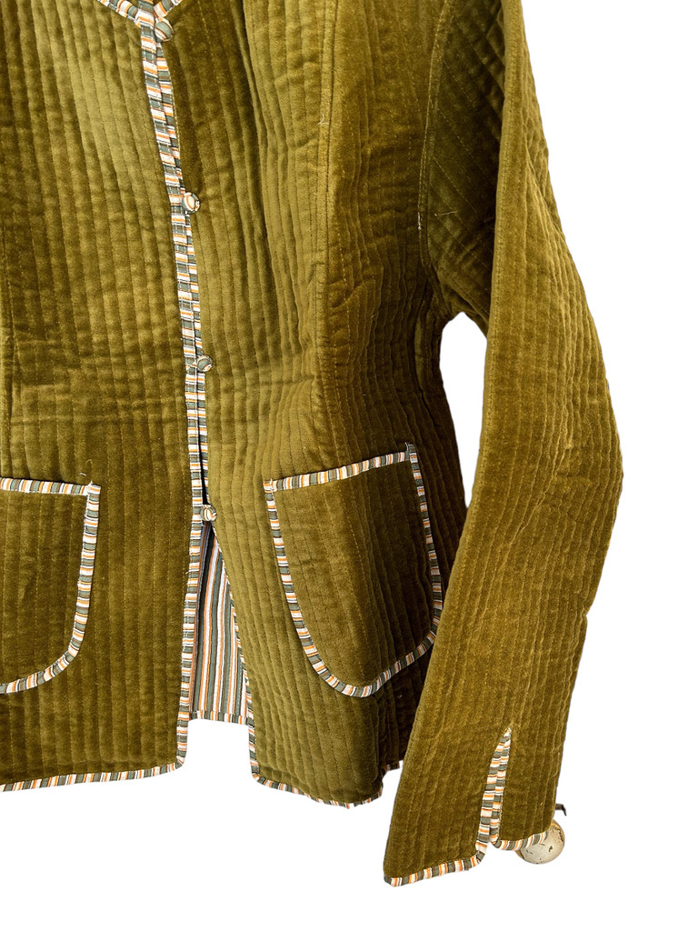 Velvet Jacket - Olive, Multi-Color Striped Trim