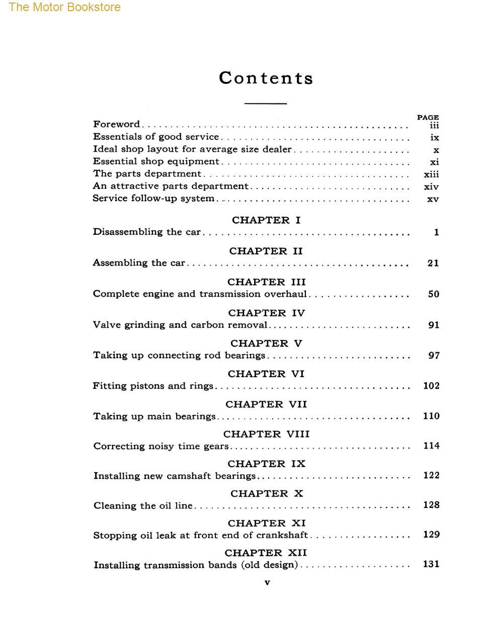1909 - 1927 Ford Model T, TT Service Manual - Table of Contents Page 1
