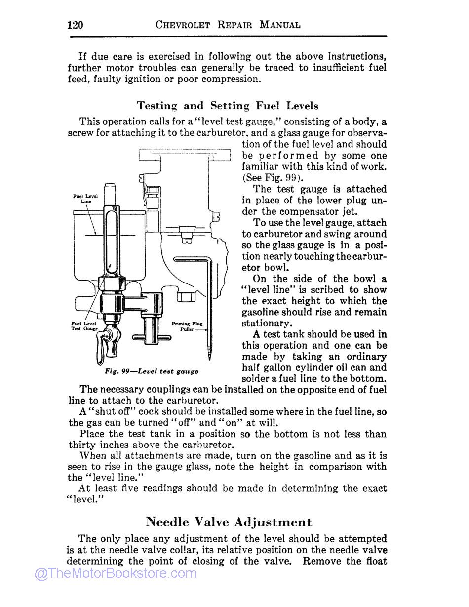 1915 - 1924 Chevrolet Car, Truck Shop Manual - 2nd Edition  Sample Page - Testing and Setting Fuel Levels