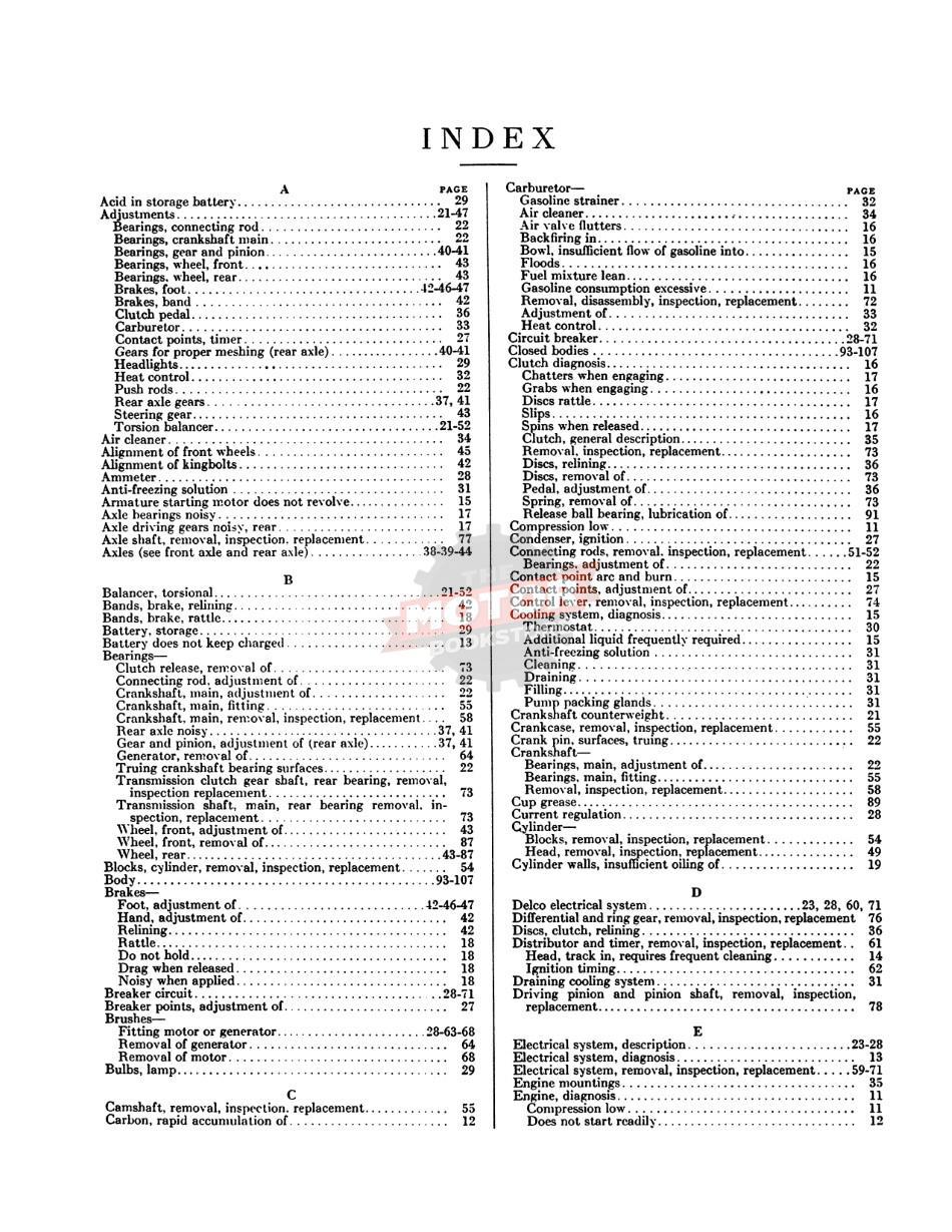 1927 Buick Shop Manual  - Table of Contents 1